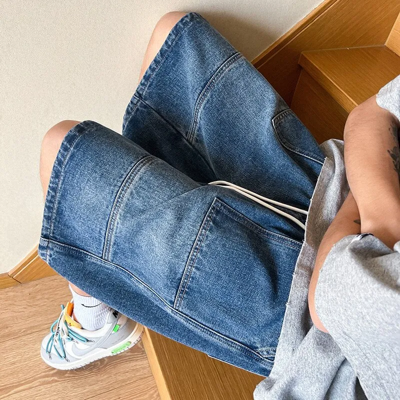 2023 Summer New High Street Casual Versatile Denim Capris Elastic Waist Men&#39;s Korean Style Loose Wide Leg Large Pocket Shorts