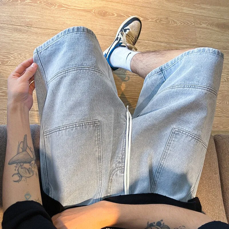 2023 Summer New High Street Casual Versatile Denim Capris Elastic Waist Men&#39;s Korean Style Loose Wide Leg Large Pocket Shorts