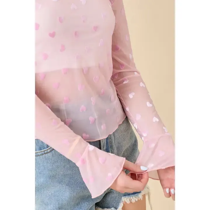 All Over Heart Velvet Mesh Top