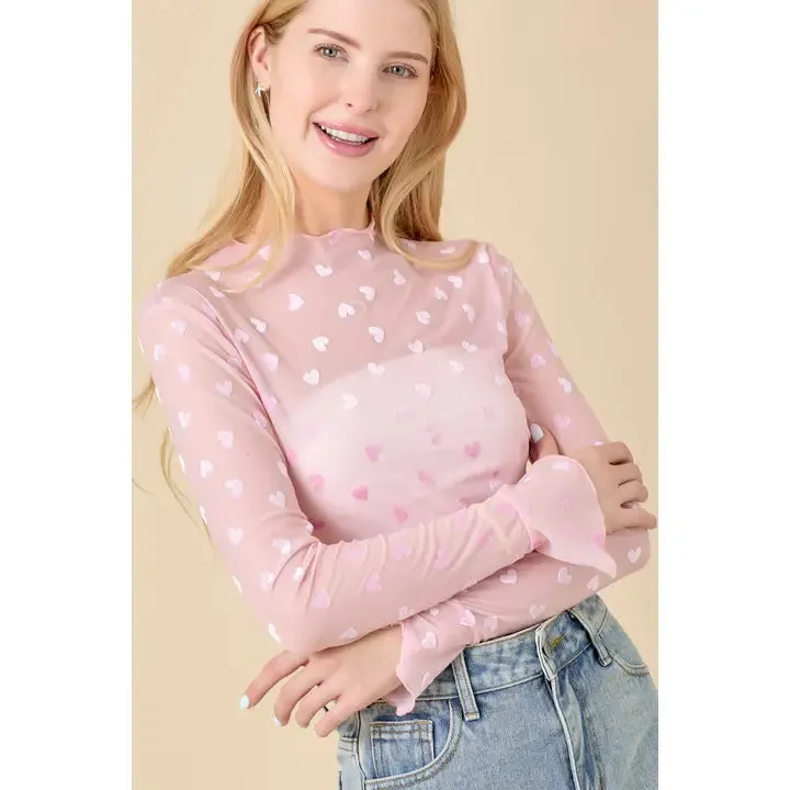 All Over Heart Velvet Mesh Top