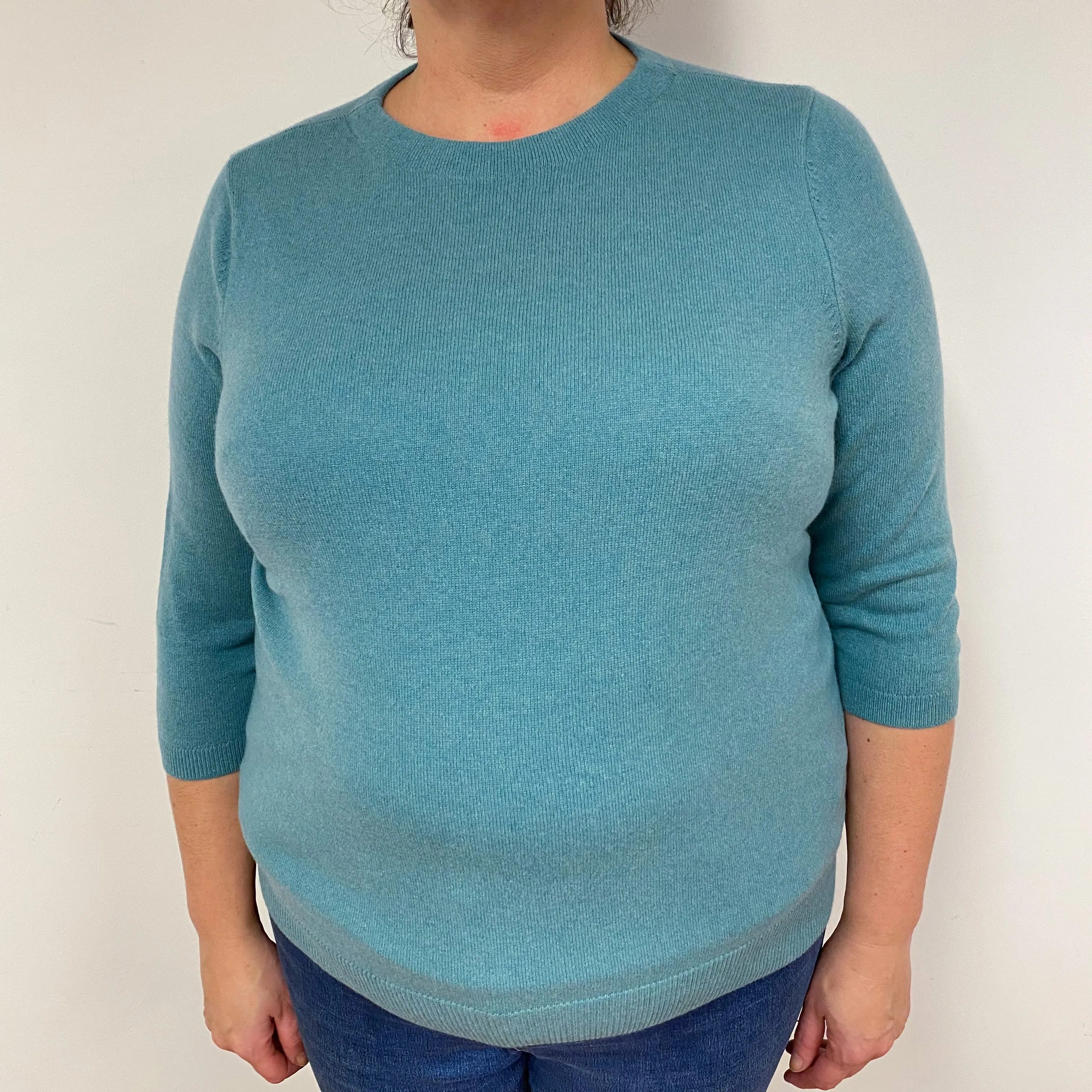 Aqua Green 3/4 Sleeve Cashmere Crew Neck Jumper XXLarge