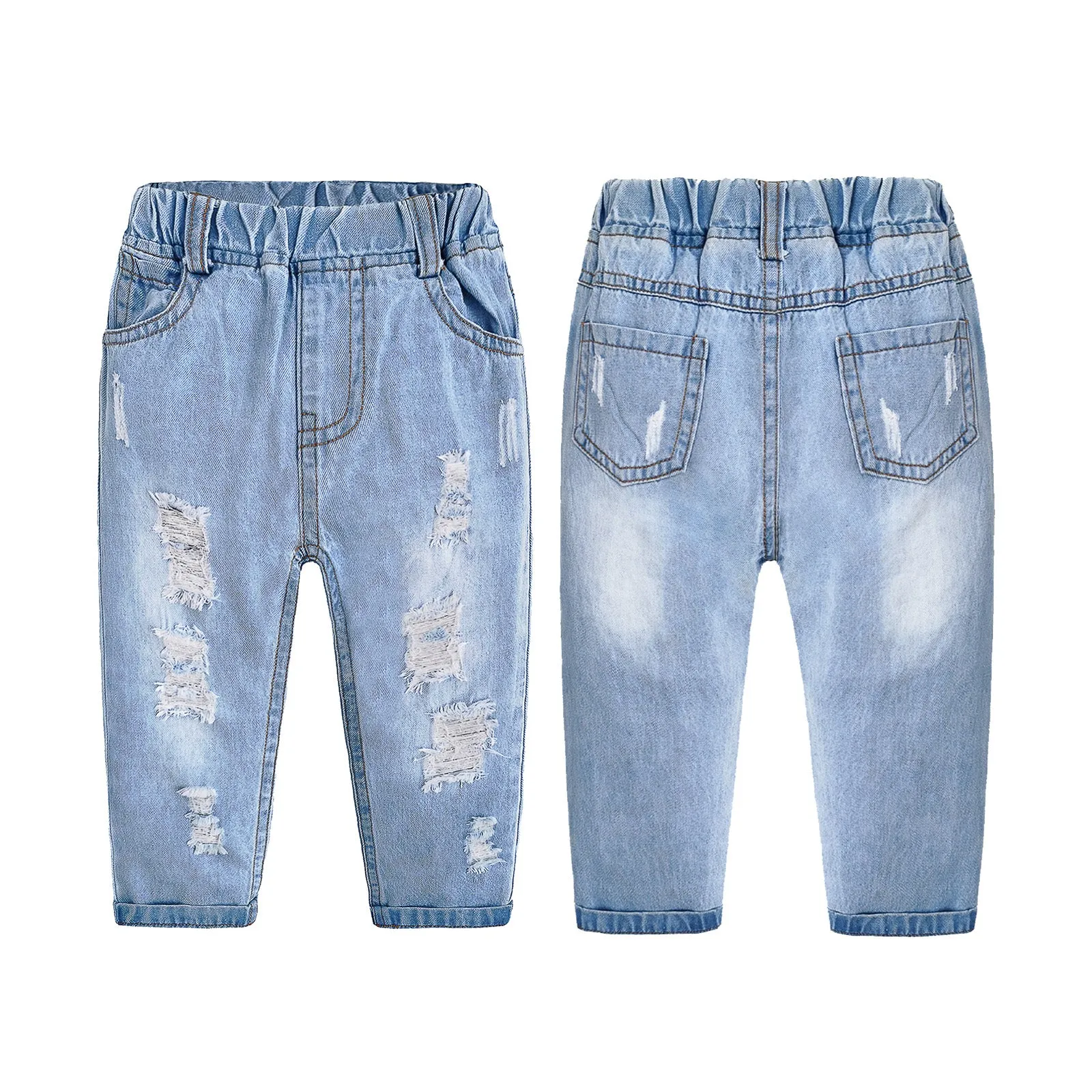 Baby Ripped Holes Elastic Waist Pocket Jeans