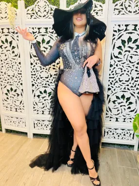 BEBE DAME Tuxedo Costume Bodysuit w/ Bustle & Bling