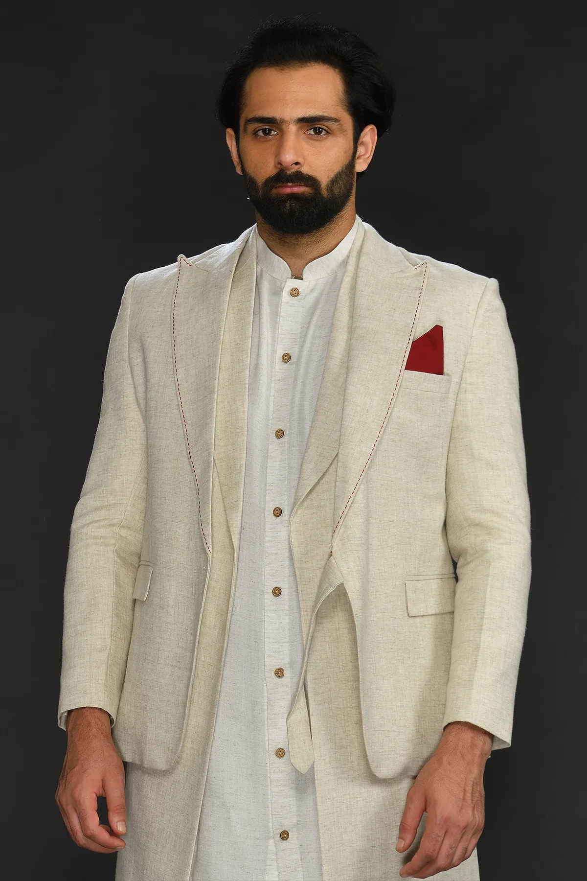 Beige Blazer with Long Bundi Kurta and Churidar