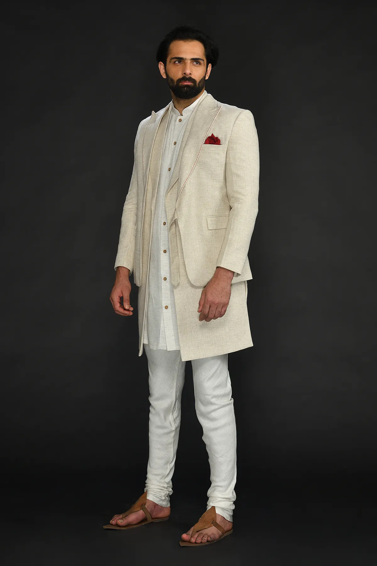 Beige Blazer with Long Bundi Kurta and Churidar