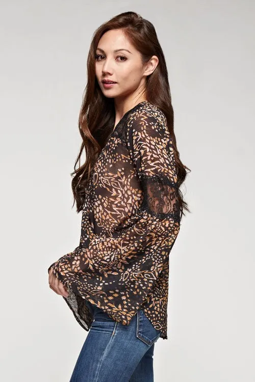 Bell Sleeve Wrap Front Top With Lace Insets