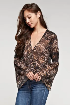 Bell Sleeve Wrap Front Top With Lace Insets