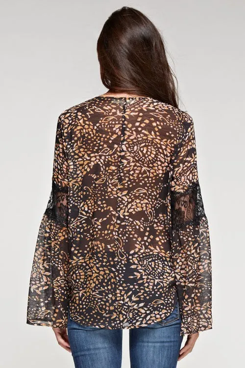 Bell Sleeve Wrap Front Top With Lace Insets