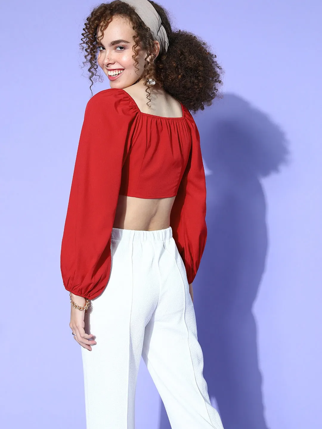 Berrylush Women Solid Red Sweetheart Neck Front Tie-Up Crepe Cropped Top