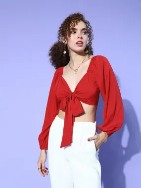 Berrylush Women Solid Red Sweetheart Neck Front Tie-Up Crepe Cropped Top