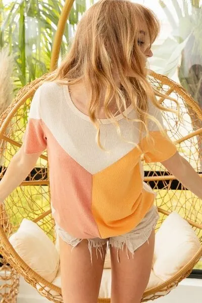 BiBi Round Neck Color Block Short Sleeve T-Shirt