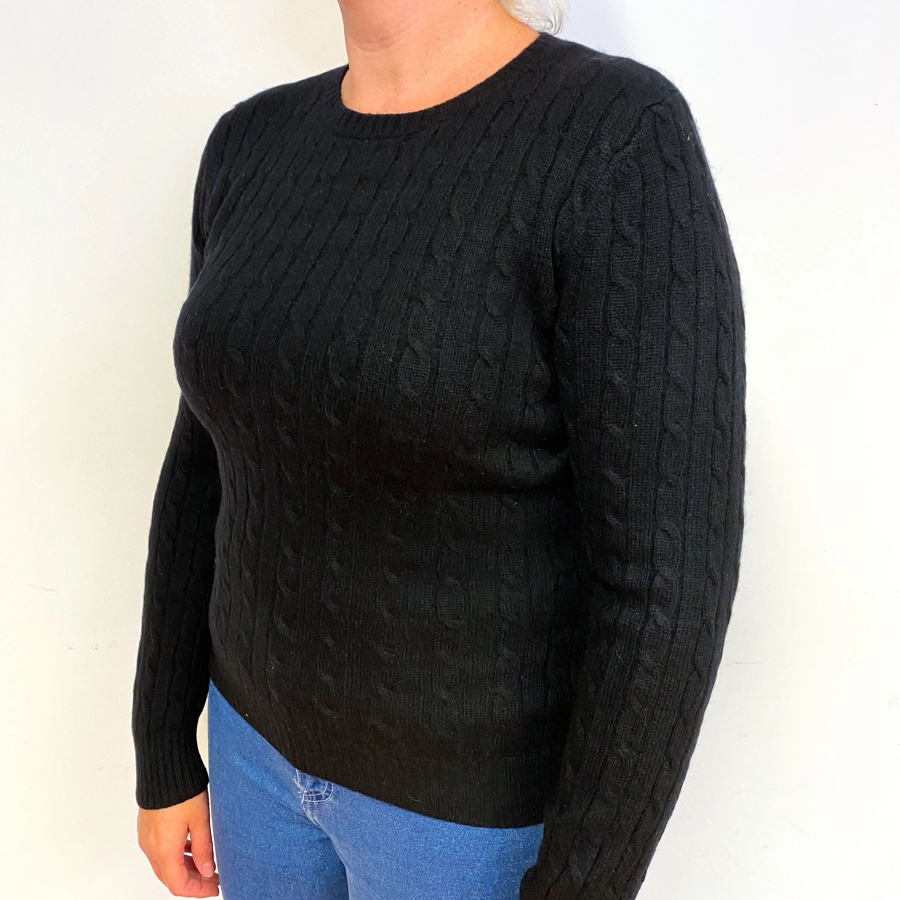 Black Cable Cashmere Crew Neck Jumper Large