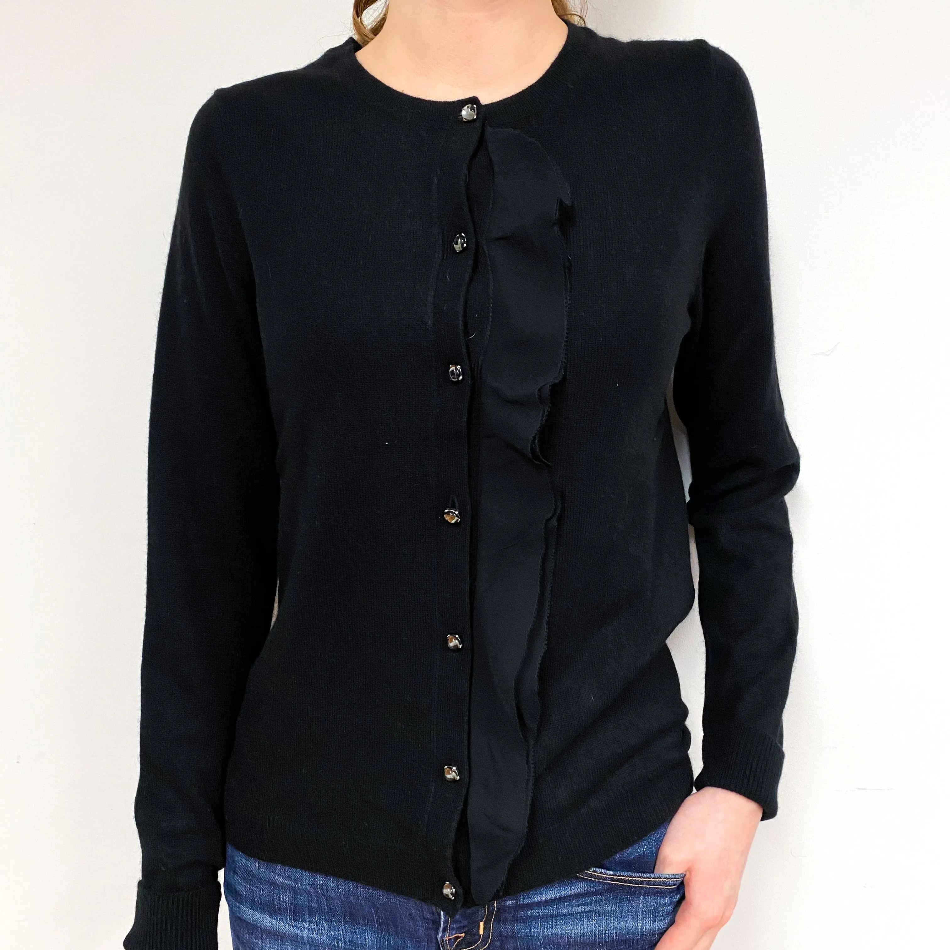 Black Chiffon Trim Cashmere Crew Neck Cardigan Extra Small