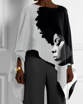 Black Color Matching Casual Print Irregular Hem Women's Top