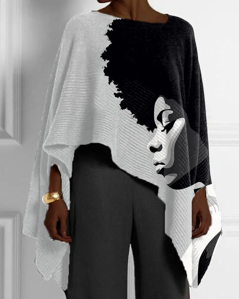 Black Color Matching Casual Print Irregular Hem Women's Top