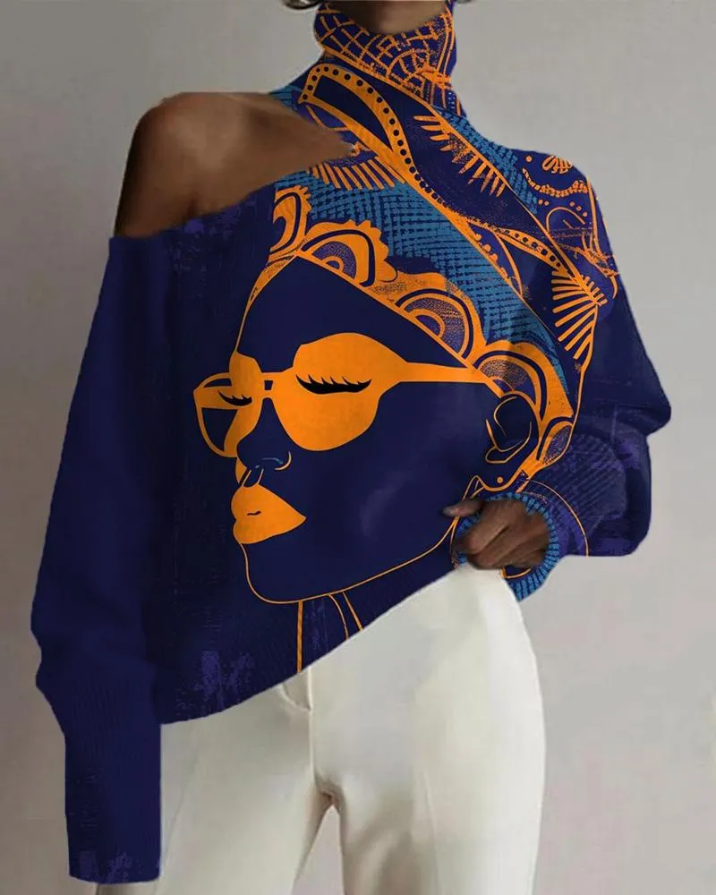 Black Ethnic Girl Art Color Matching Personality Print Hollowed Out High Neck Top