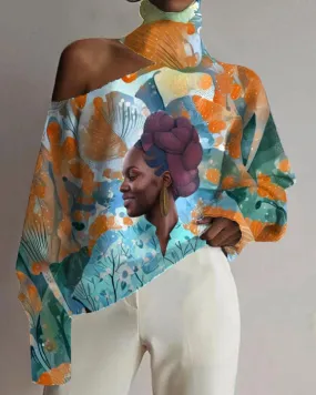 Black Girl Flower Oil Print Cut-out Shoulder High Neck Top