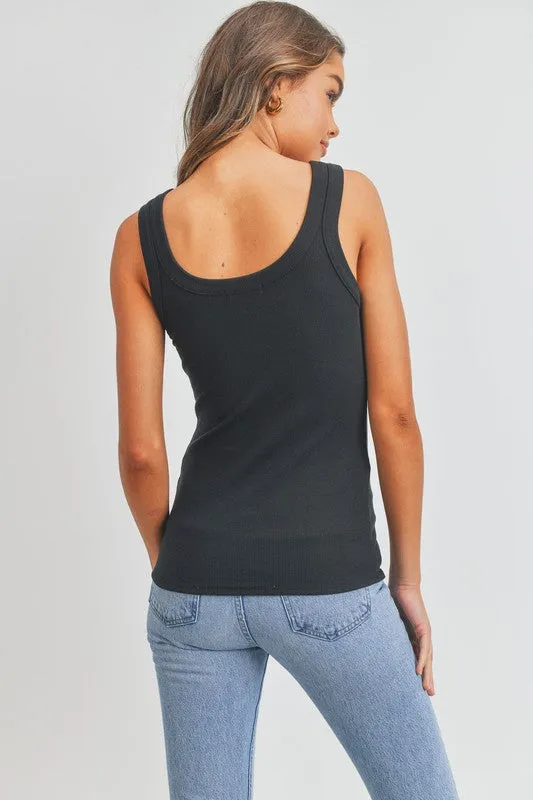 Black Scoop Neck Stretchy Rib Knit Tank Top