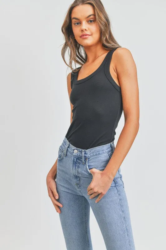 Black Scoop Neck Stretchy Rib Knit Tank Top