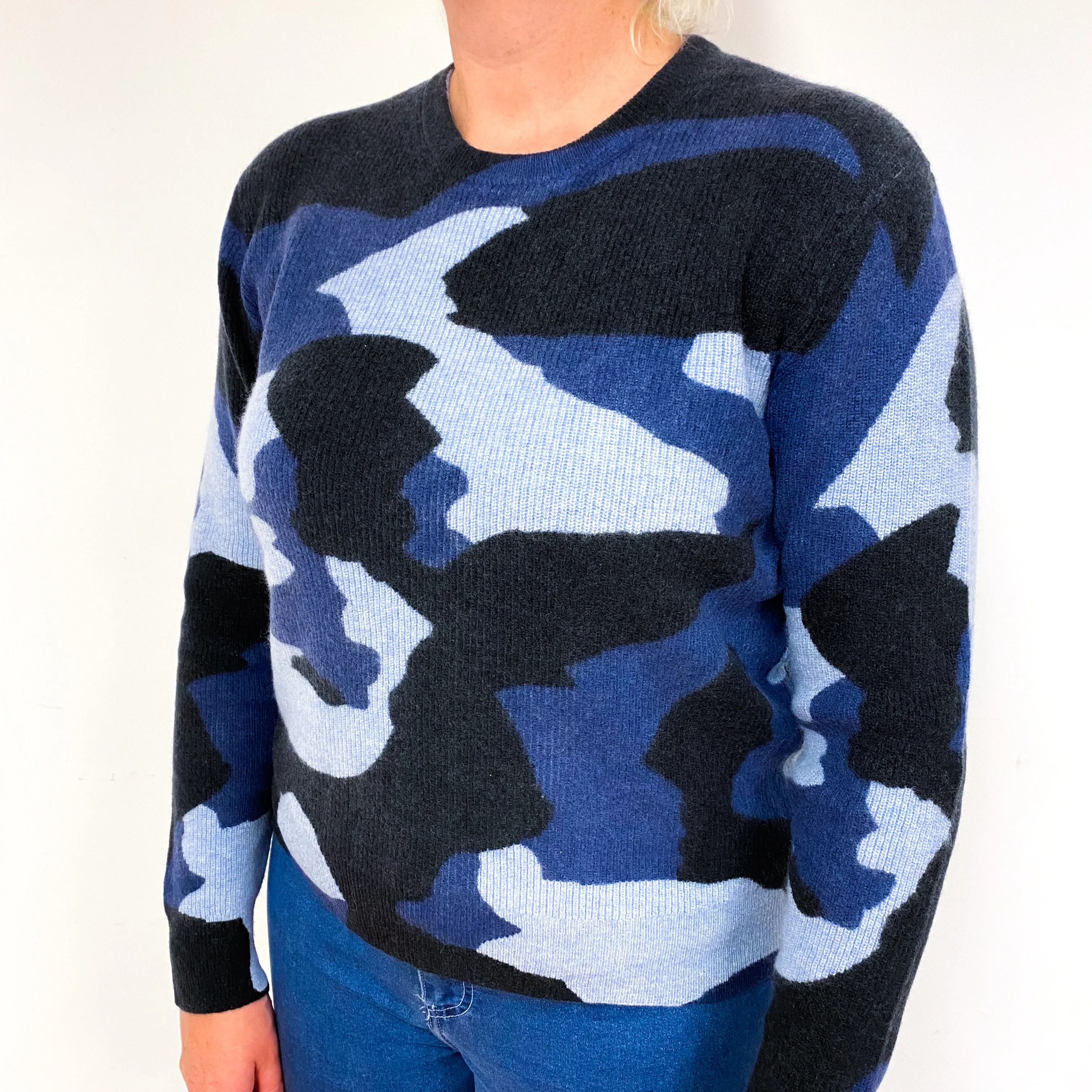 Blue Camouflage Cashmere Crew Neck Jumper Large