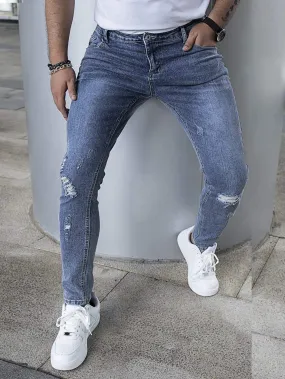 Blue Medium Wash Ripped Frayed Cat Scratch Skinny Jeans