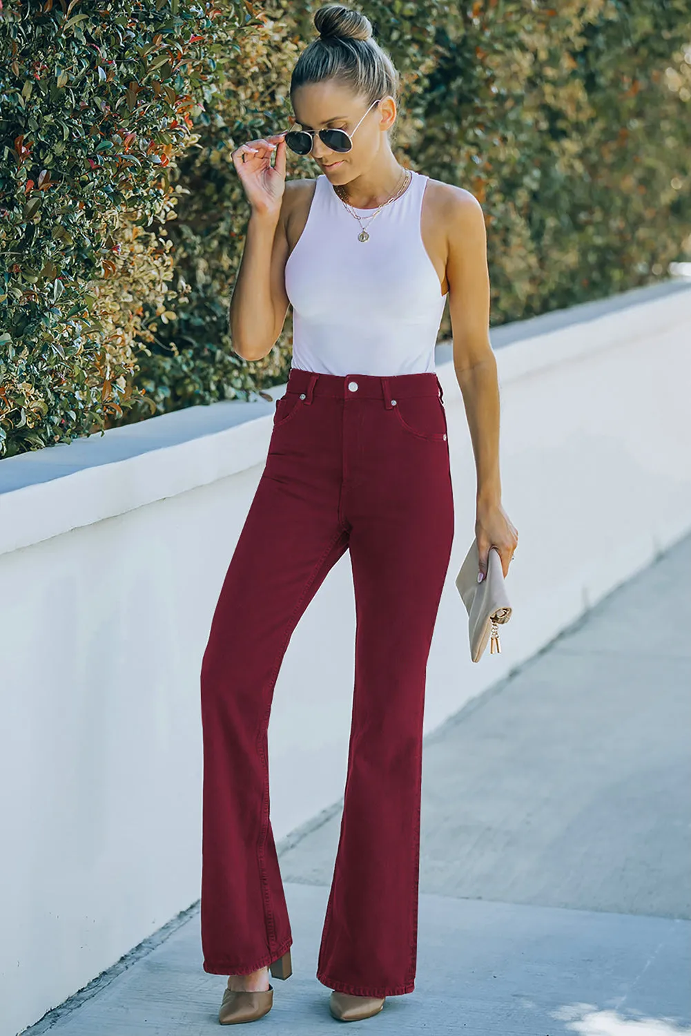 Burgundy High Waist Flare Jeans with Pockets