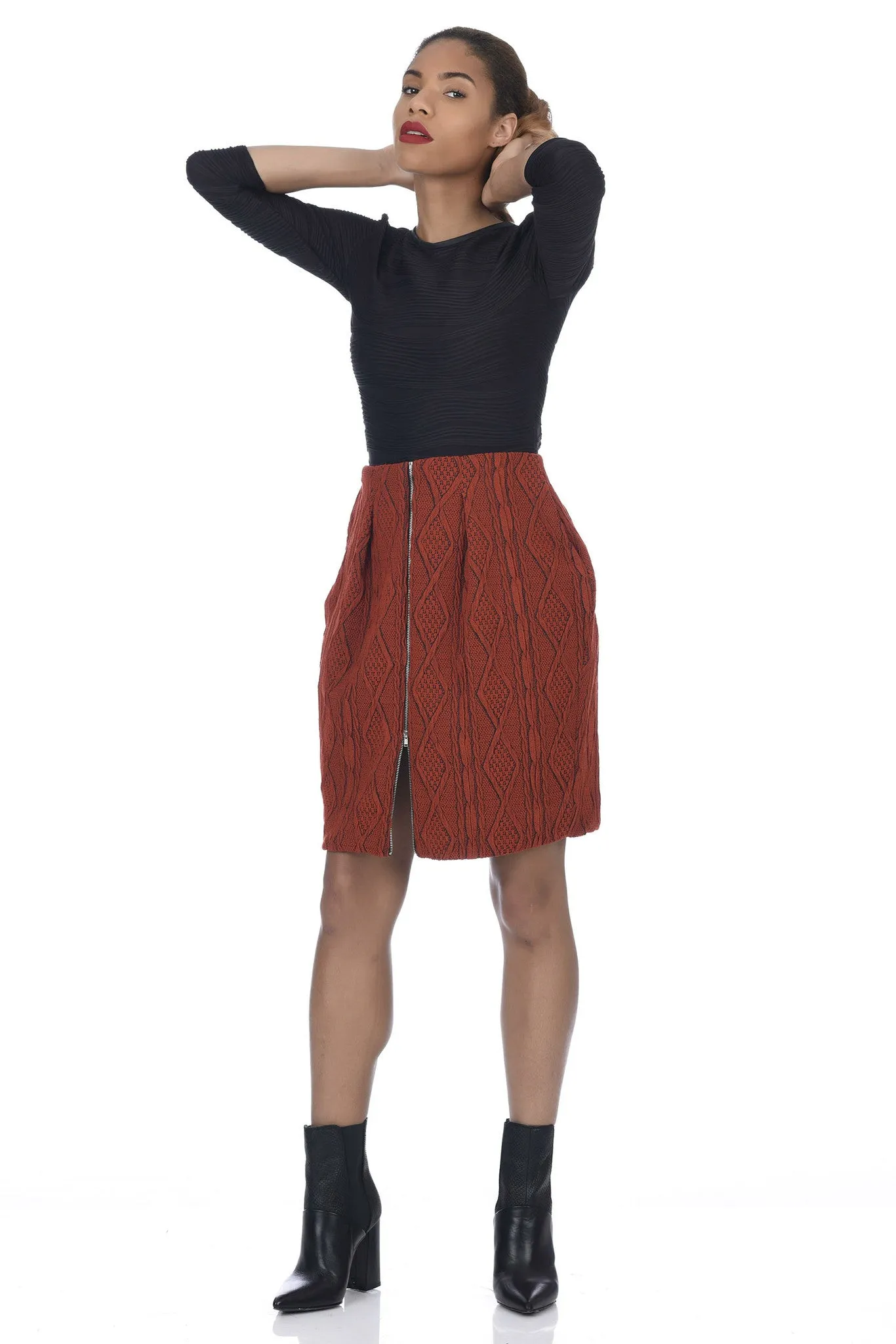Burnt Orange 2-Way Zipper Front Cable Knit Skirt