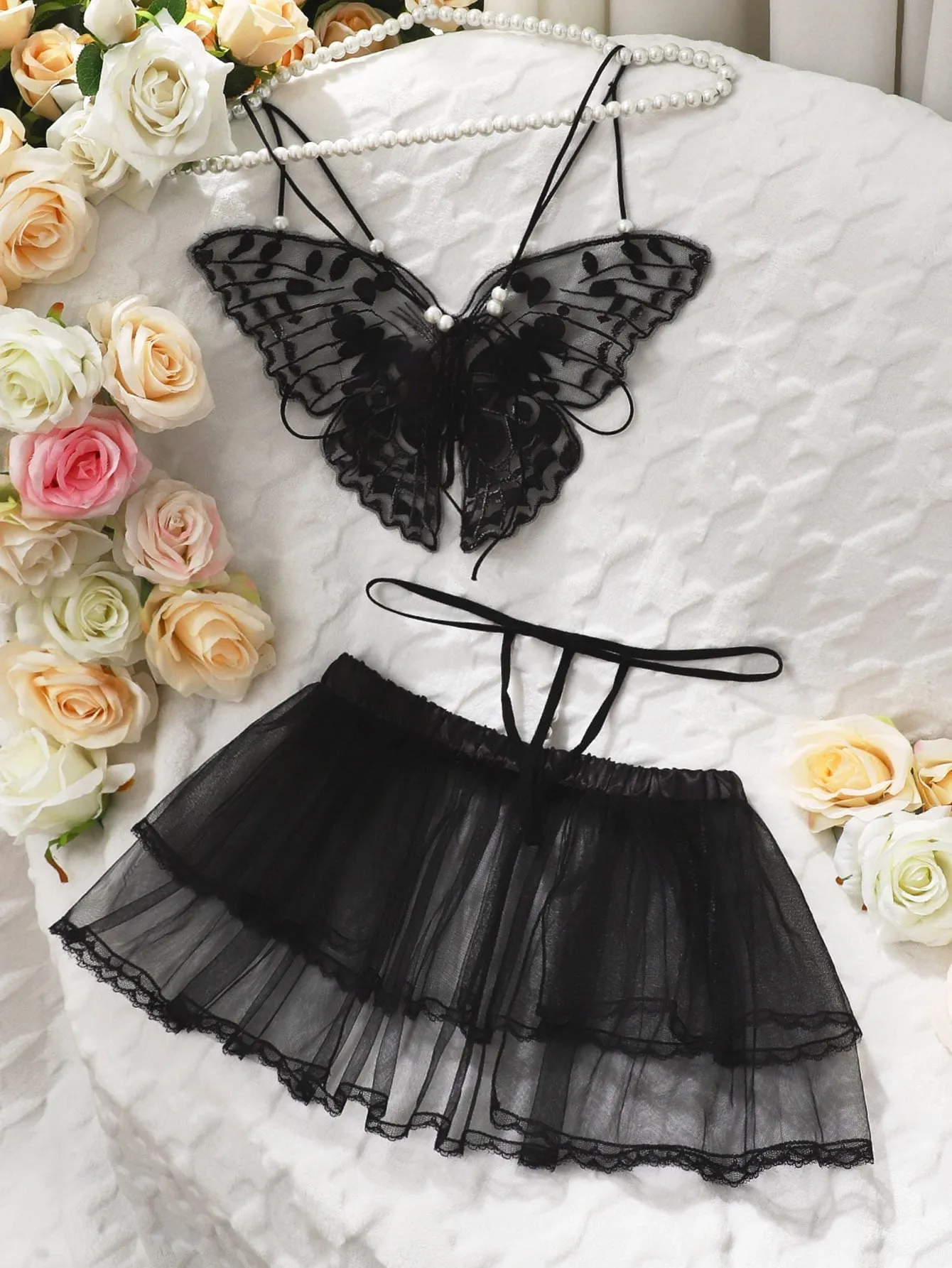 Butterfly Appliques Mesh Lingerie Set
