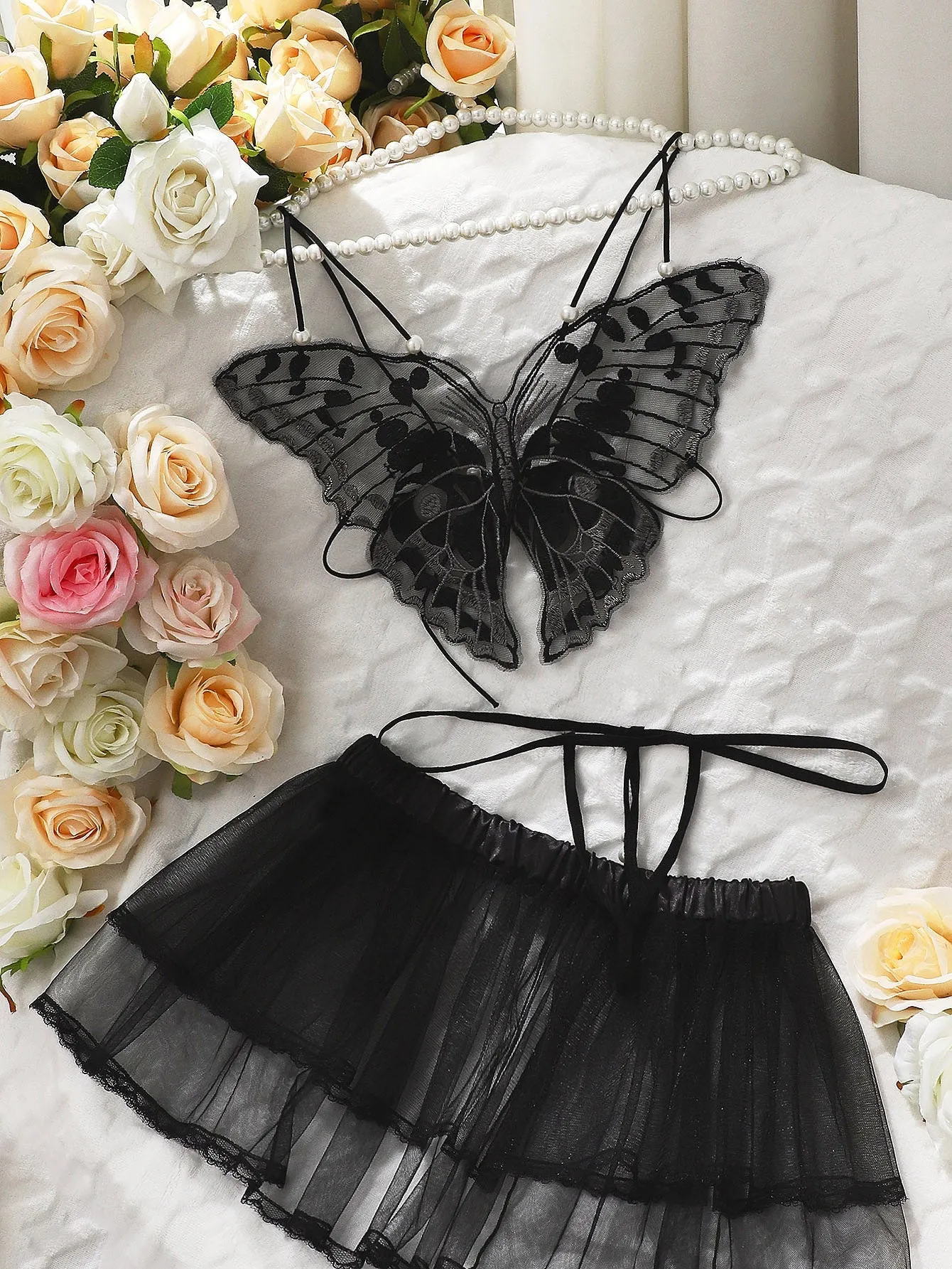 Butterfly Appliques Mesh Lingerie Set