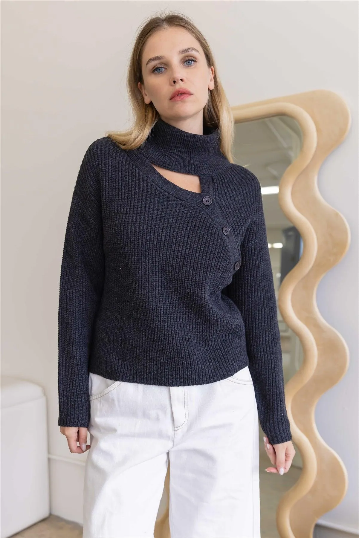 Charcoal Button Up Turtle Neck Long Sleeve Sweater /4-2