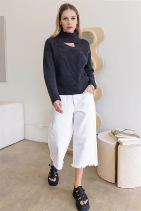 Charcoal Button Up Turtle Neck Long Sleeve Sweater /4-2