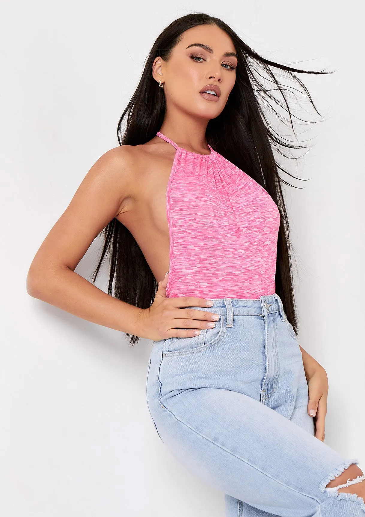 Clara Pink Marl Ribbed Halterneck Bodysuit
