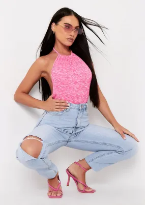 Clara Pink Marl Ribbed Halterneck Bodysuit