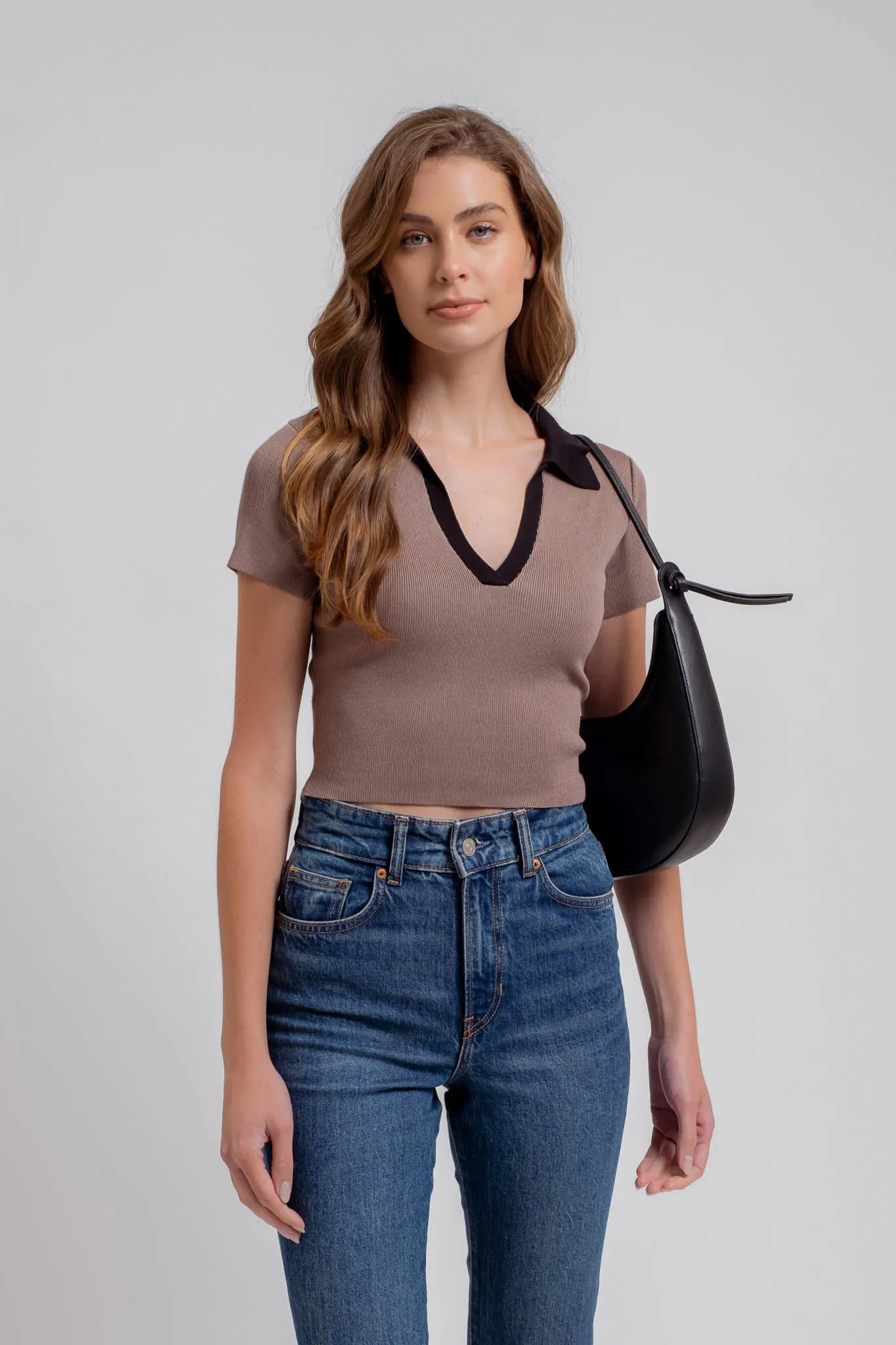 CONTRAST COLLARED SHORT SLEEVE SWEATER KNIT TOP