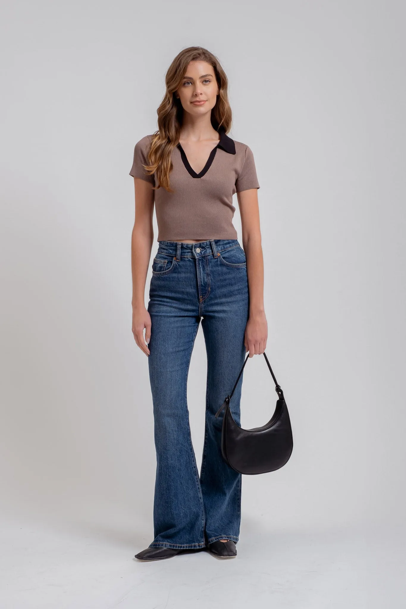 CONTRAST COLLARED SHORT SLEEVE SWEATER KNIT TOP