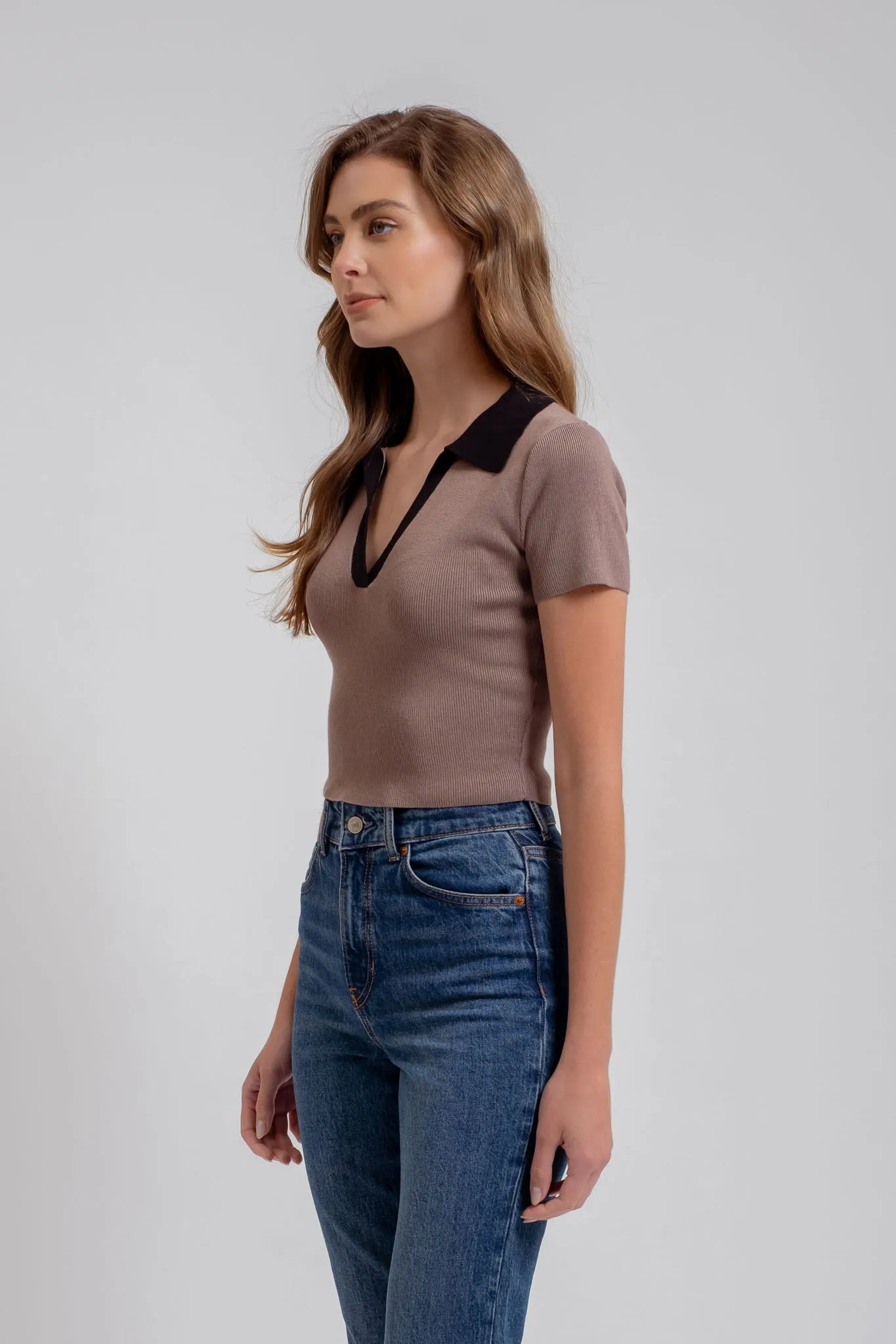 CONTRAST COLLARED SHORT SLEEVE SWEATER KNIT TOP