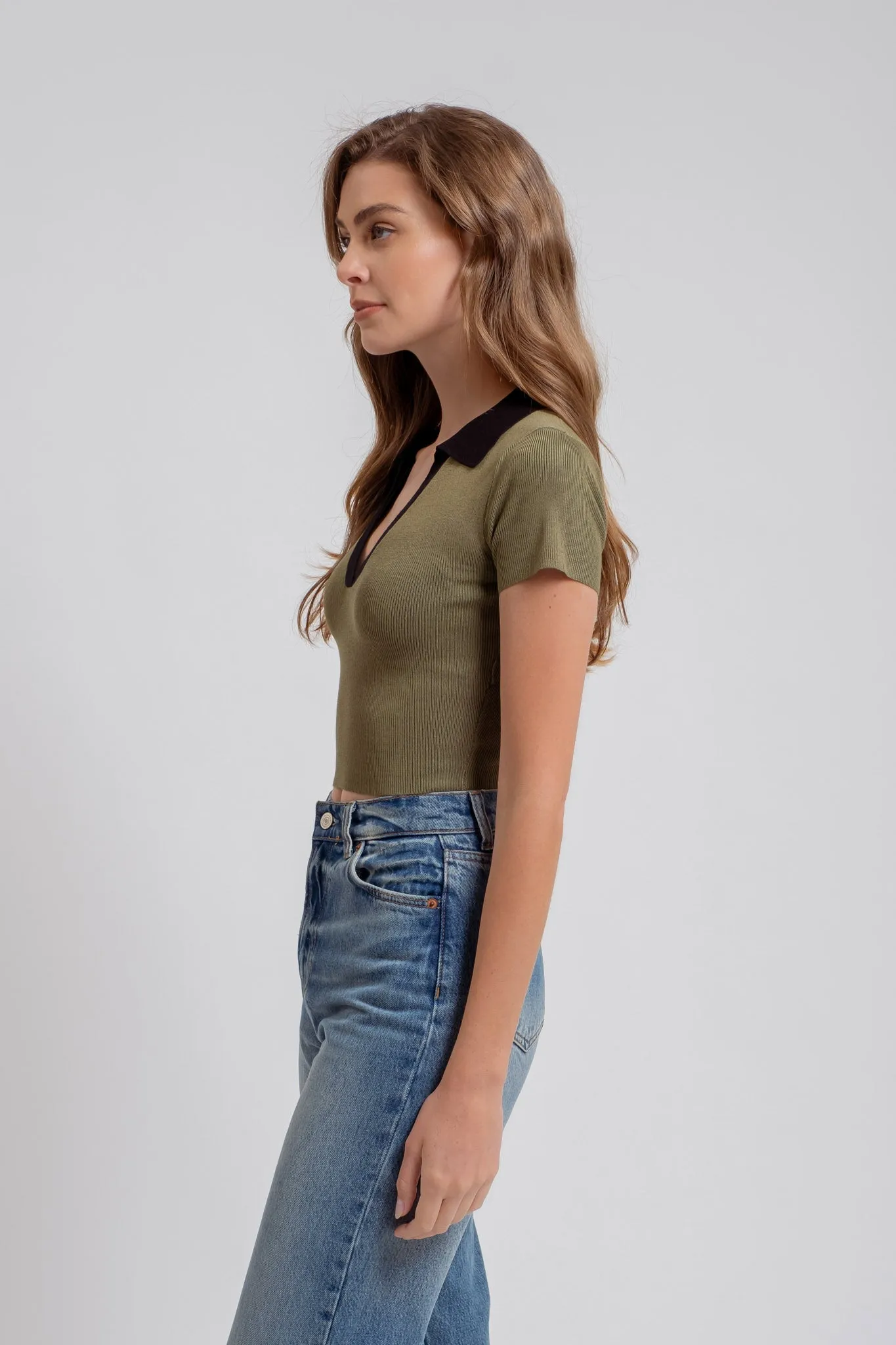 CONTRAST COLLARED SHORT SLEEVE SWEATER KNIT TOP