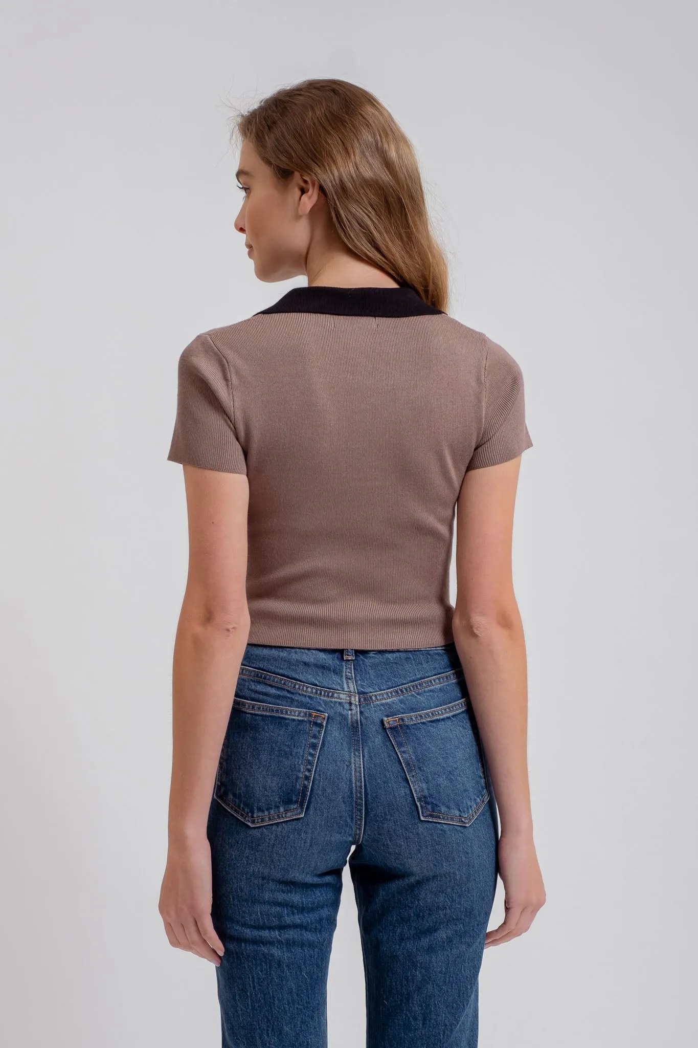 CONTRAST COLLARED SHORT SLEEVE SWEATER KNIT TOP