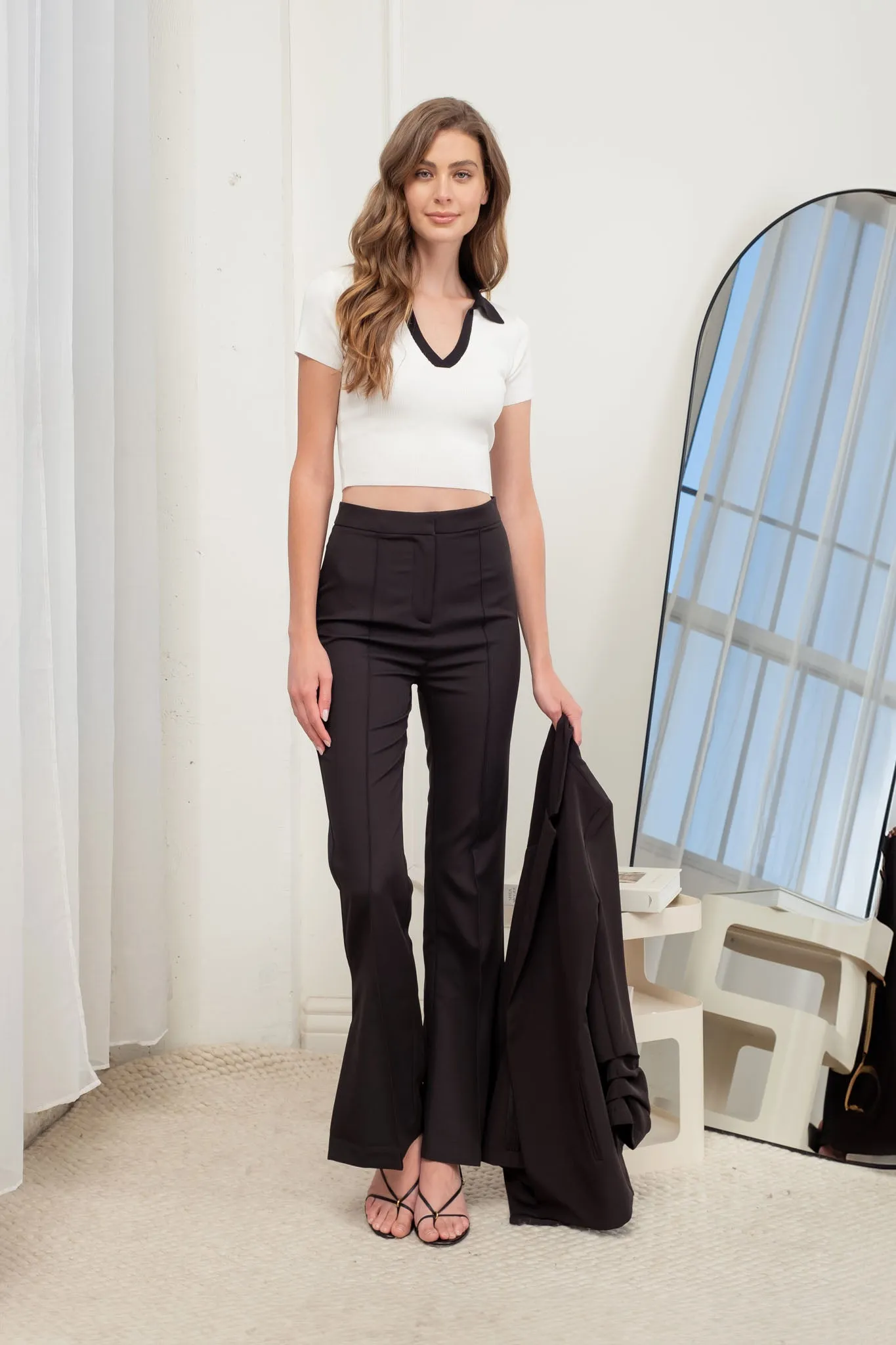 CONTRAST COLLARED SHORT SLEEVE SWEATER KNIT TOP