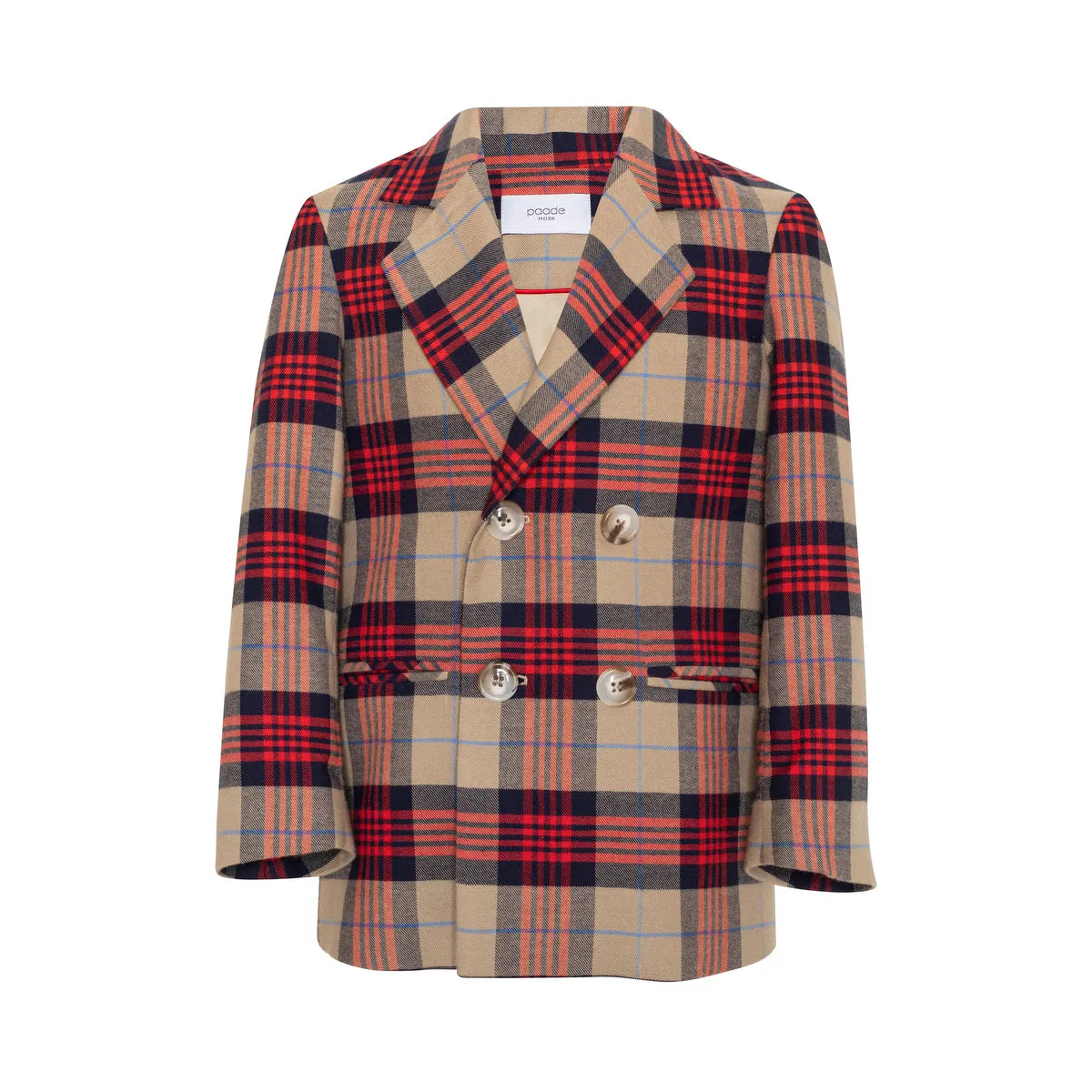 Cotton Double Breasted Blazer Tartan Plaid, Red
