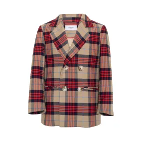 Cotton Double Breasted Blazer Tartan Plaid, Red