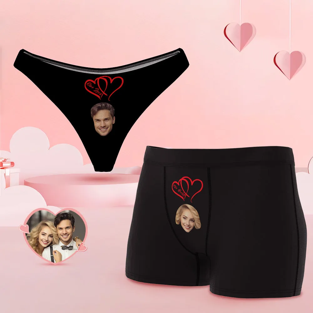 Custom Face Couple Underwear Two Hearts One Love Personalized Underwear Valentine's Day Gift