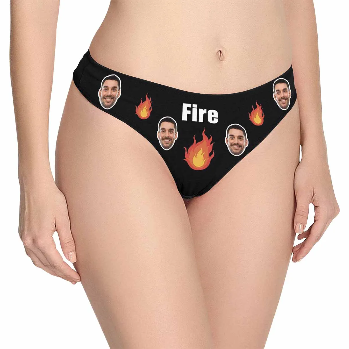 Custom Face Underwear for Her Personalized Fire Black Thongs Panty Women's Lingerie Gifts for Girlfriend & Wife