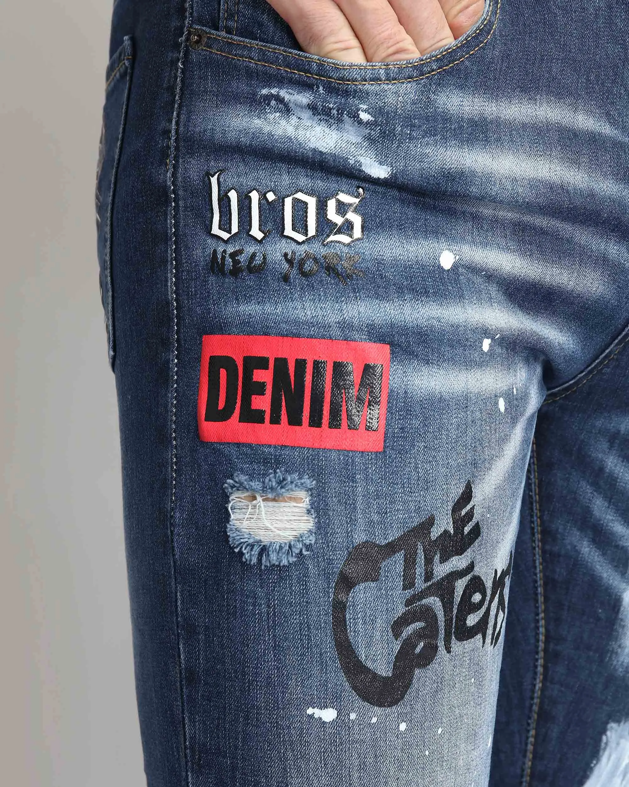 Dark Blue Ripped Jeans with Graffiti Printing-Mexico Local Delivery
