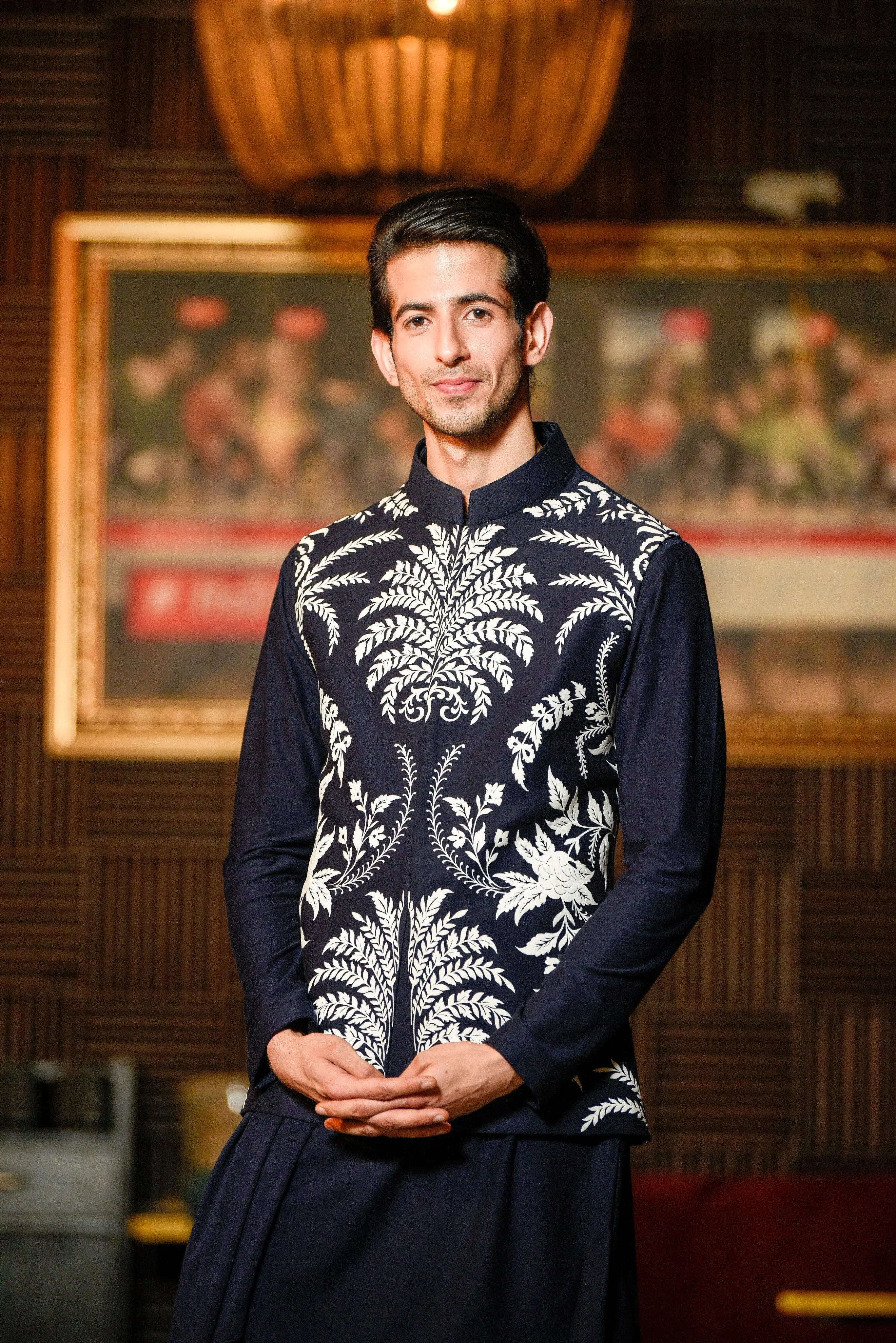 Deep blue waistcoat with drape kurta set