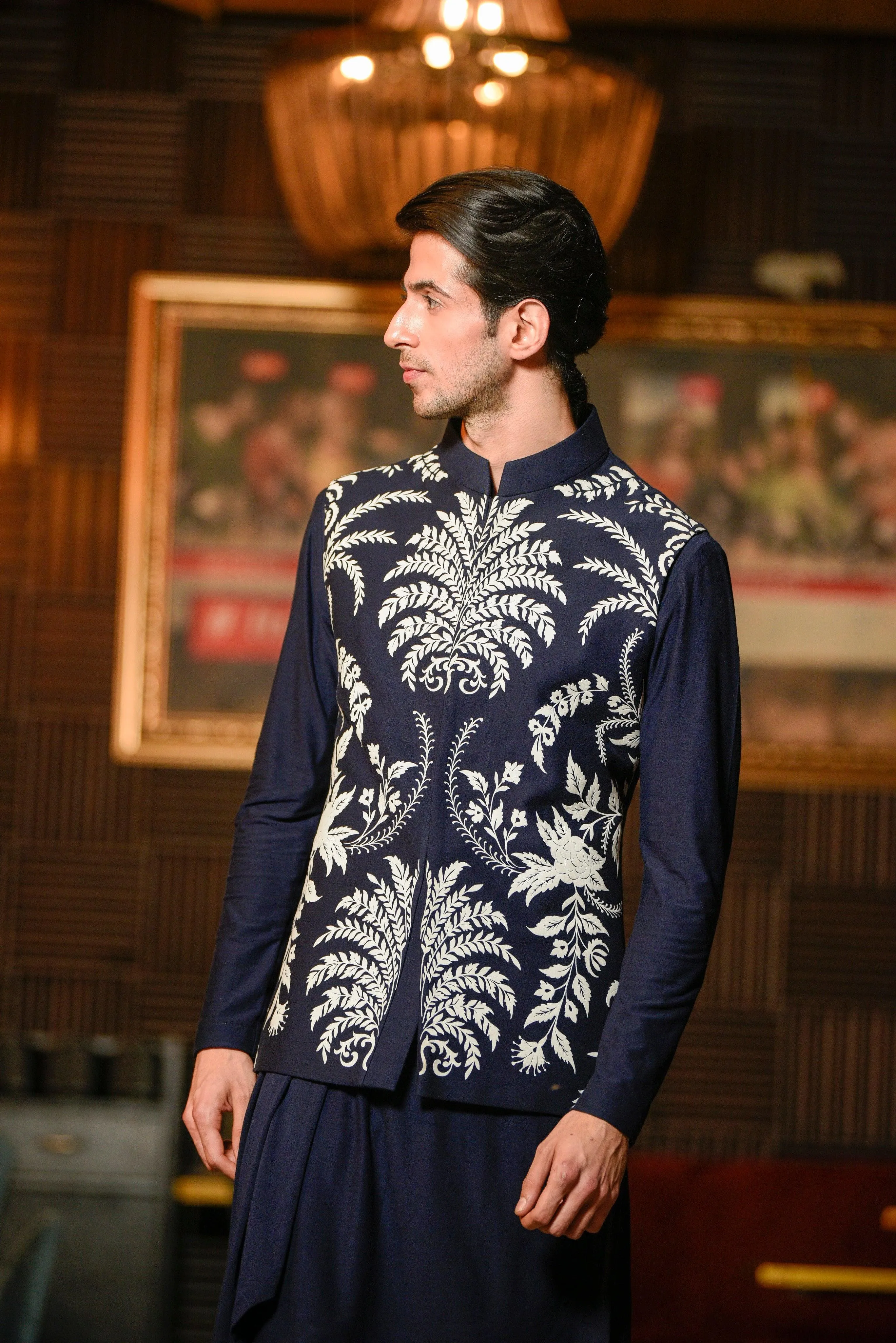 Deep blue waistcoat with drape kurta set