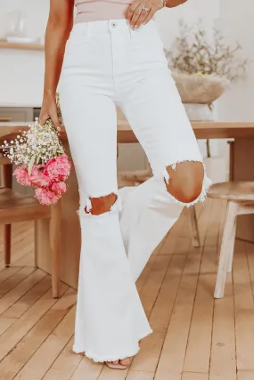 Distressed Hollow-out Knee Frayed Flare Jeans