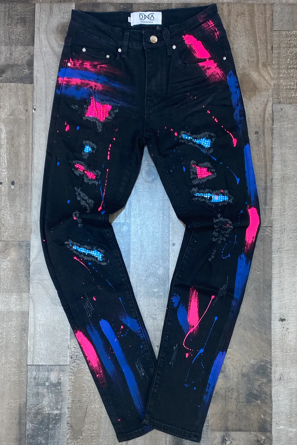 Dna Premium Wear- studded color patch w/paint jeans (pink/blue)