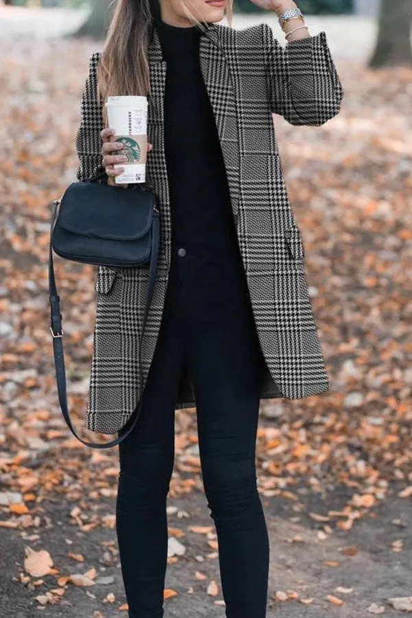 Dunnmall Fashion Lapel Plaid Print Coat