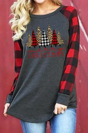 Dunnmall Merry Christmas Trees Plaid Leopard Printed T-Shirt